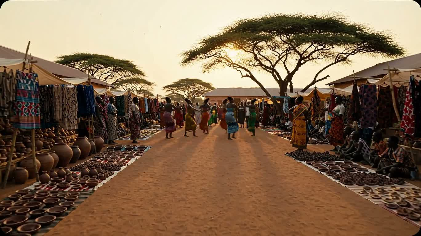 夕暮れの市場のアフリカンダンス