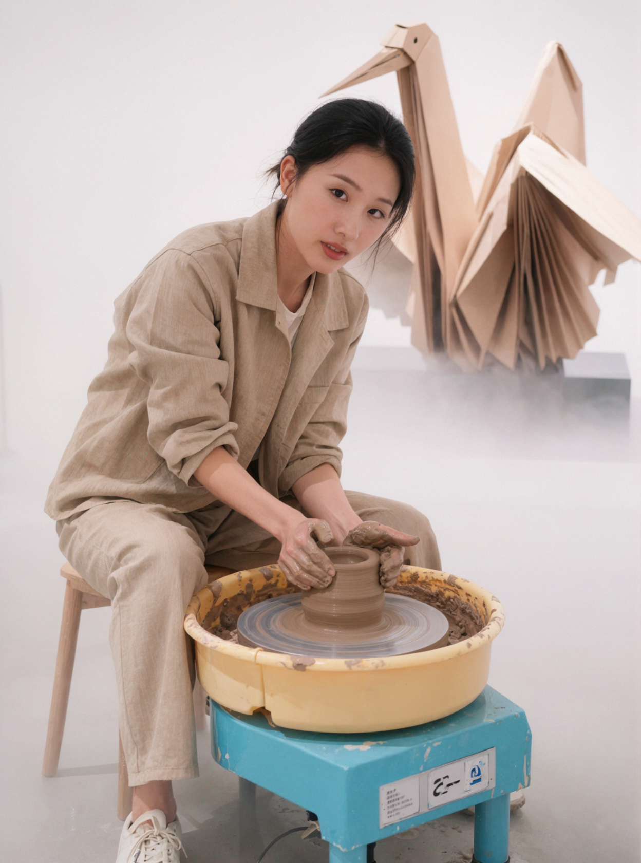 Nữ nghệ nhân gốm Đông Á trưởng thành · Bàn xoay quay tít · Sương mù bình minh — AI image creation