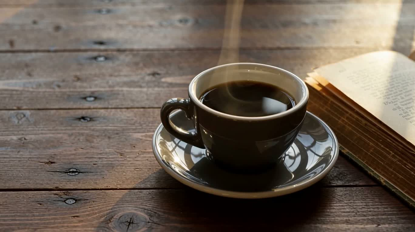 Café et vieux livres dans la lumière du matin