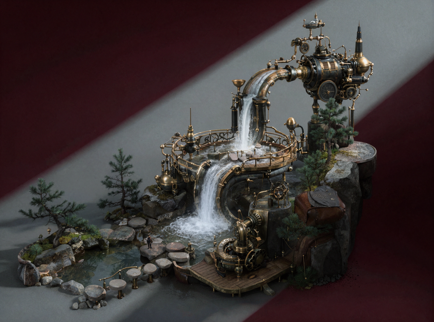 Cascade en sculpture de papier 3D · Steampunk
