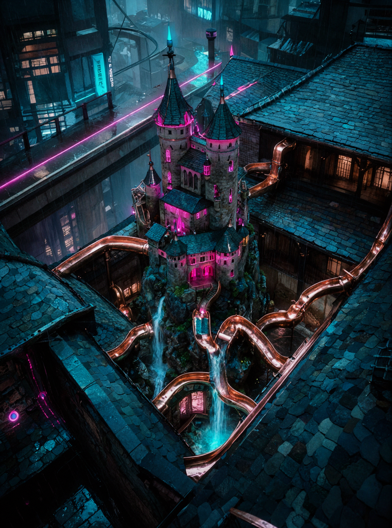 古城の雨水路 · サイバー夜景 — AI image creation