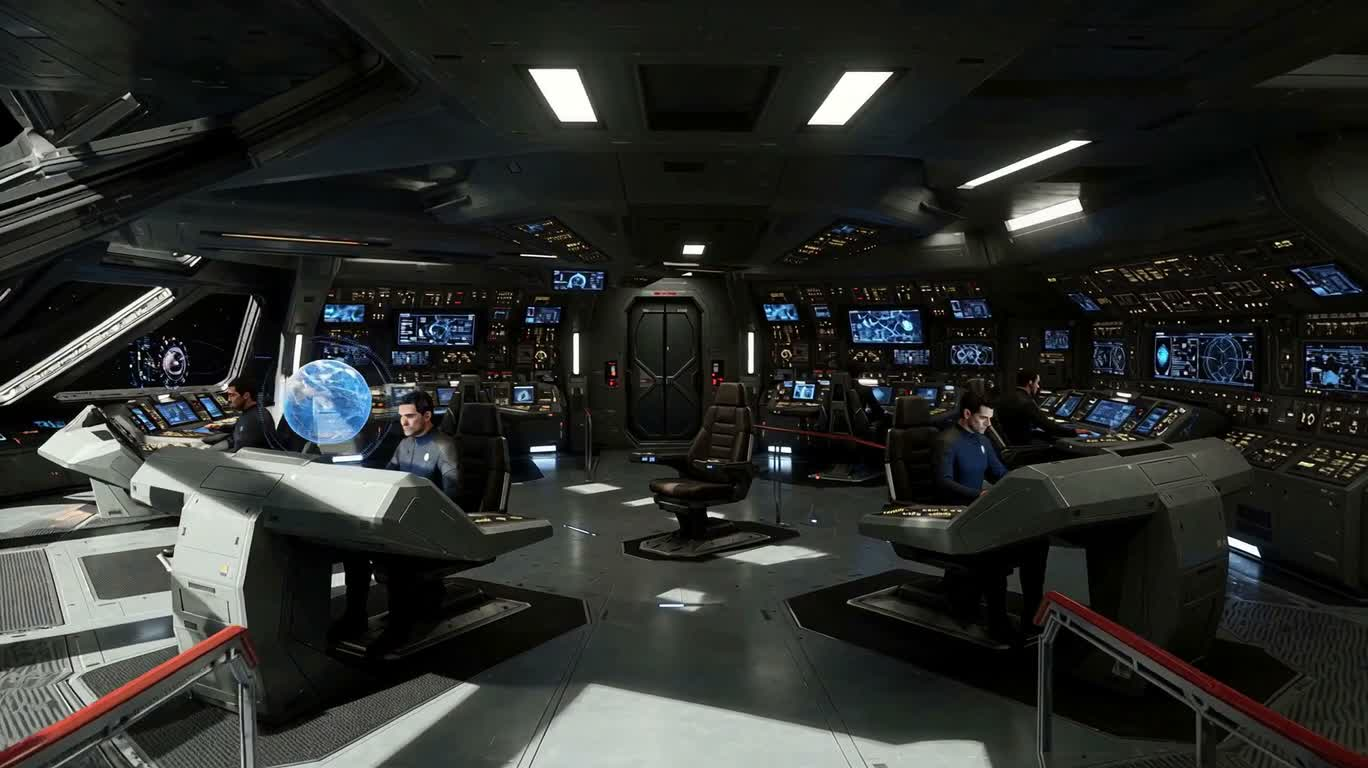 Concept art du cockpit du vaisseau amiral interstellaire — AI video creation