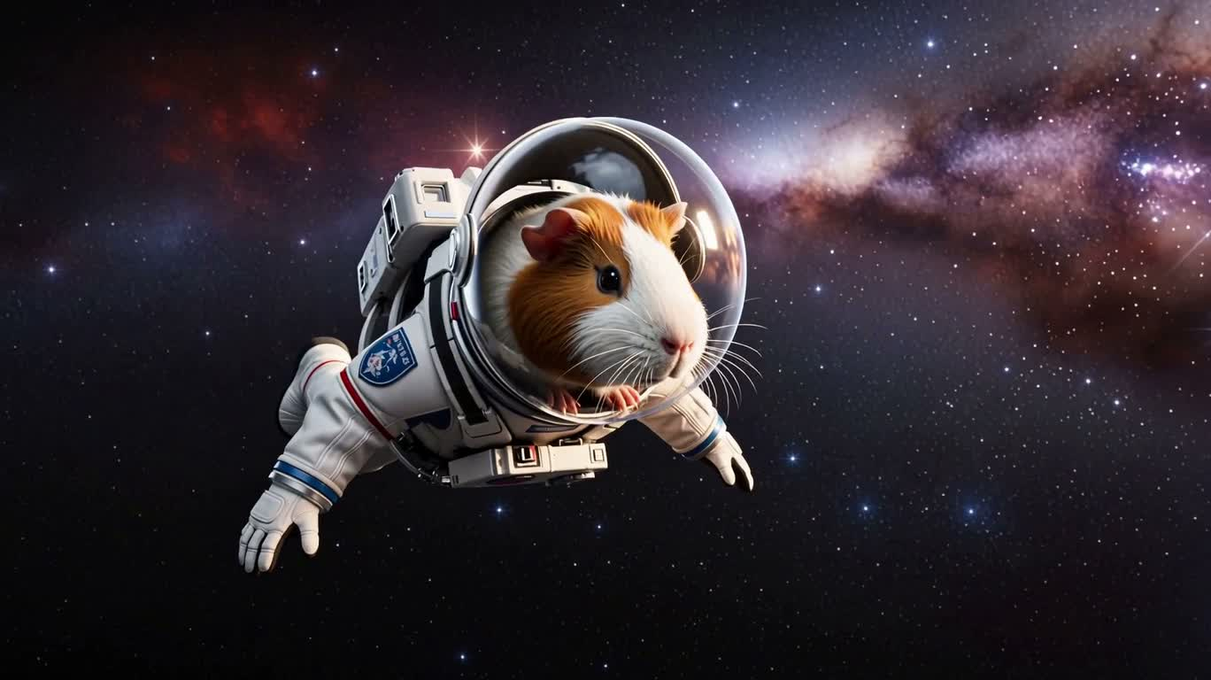 Couverture de magazine haute couture : cochon d'Inde spatial — AI video creation