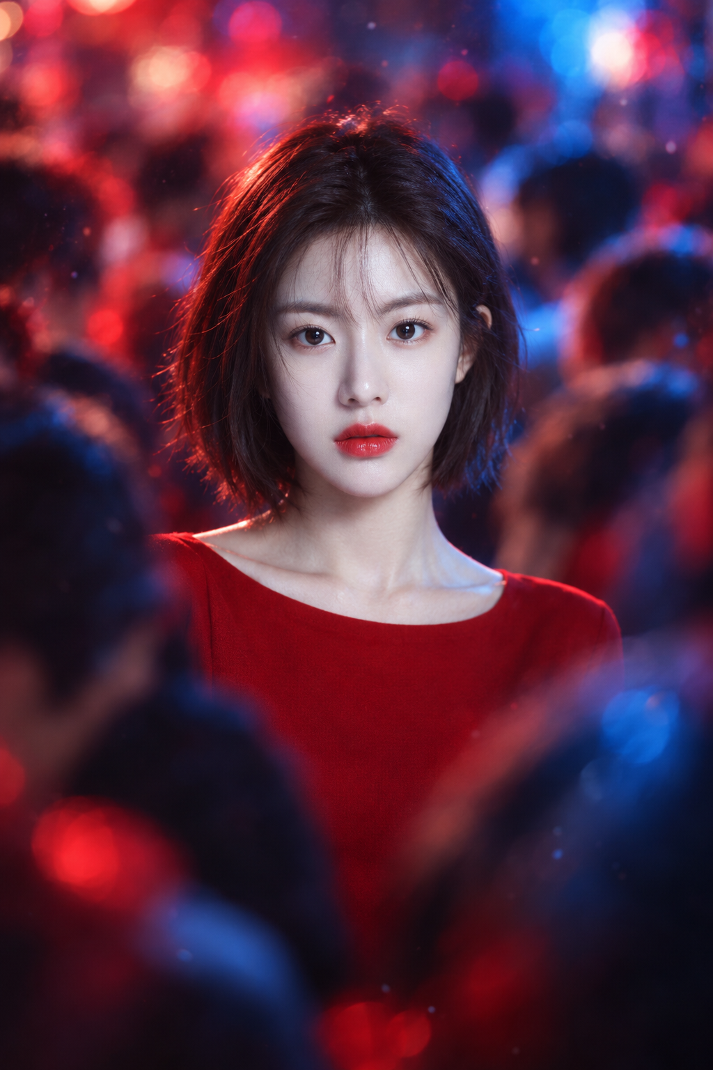 Portrait d'une femme adulte dans les lumières rouges et bleues de la foule