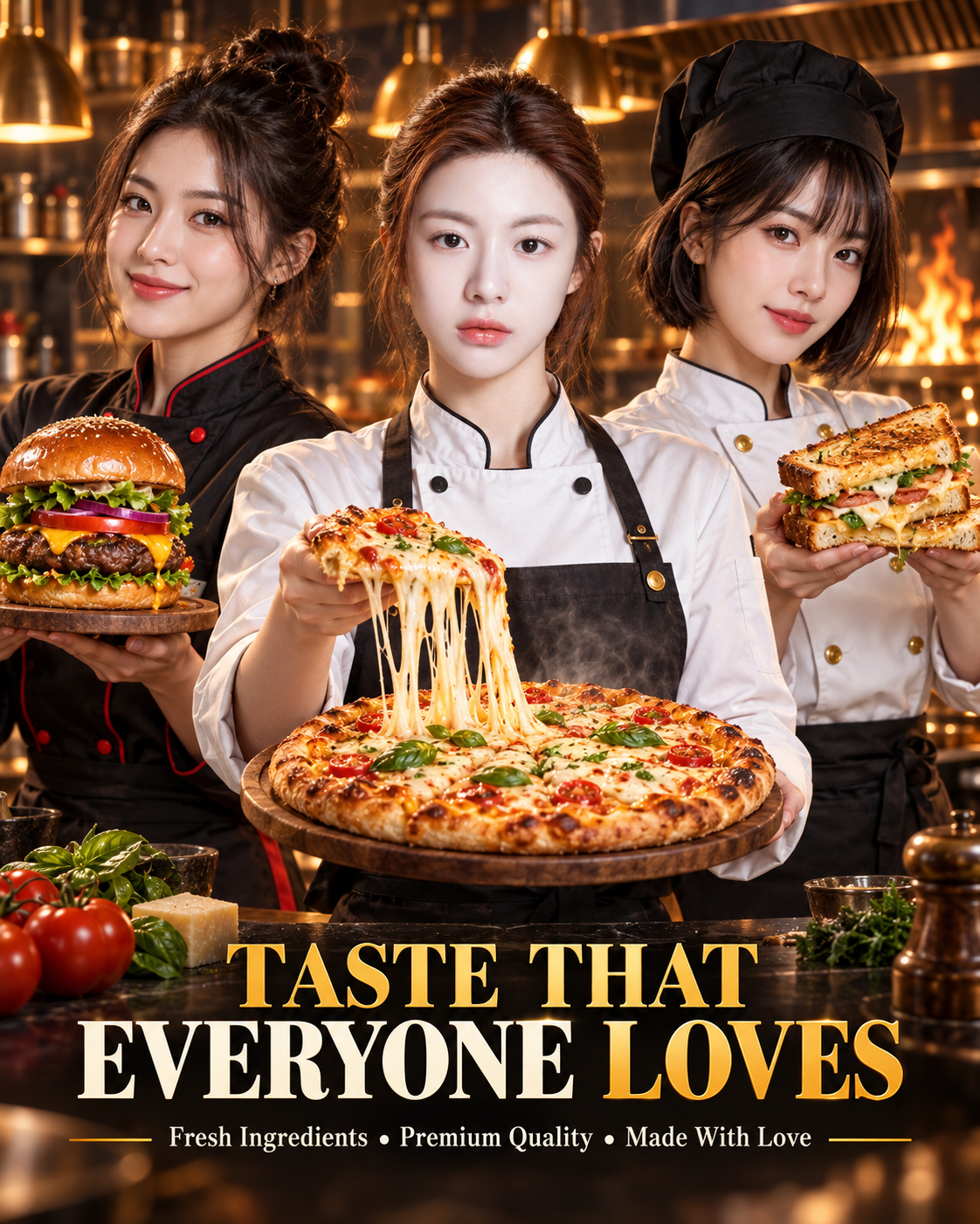 三位成年女厨师美食广告拼贴