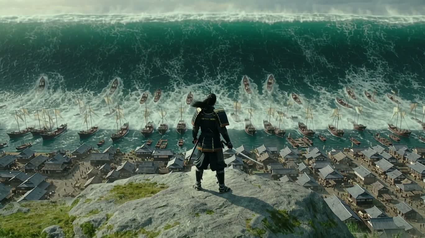 Samouraï tranchant le tsunami