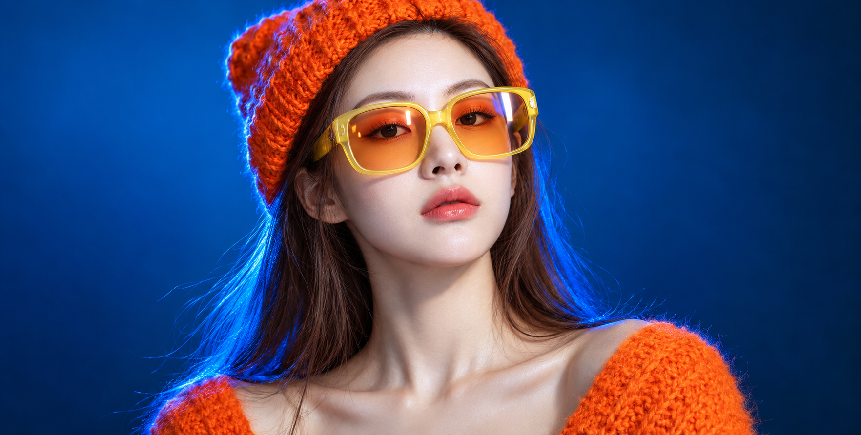 ブルーとオレンジのネオンが彩る未来的な大人女性のファッションポートレート