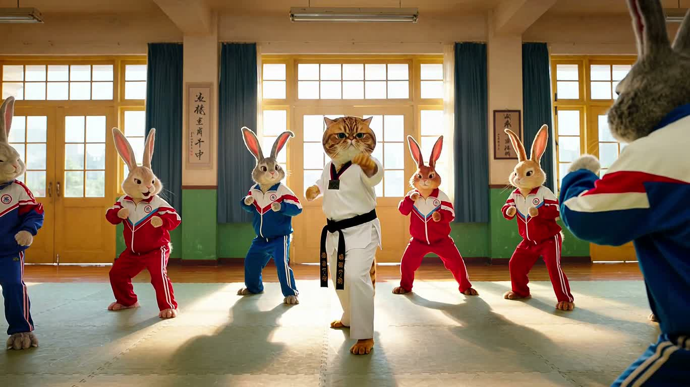 猫师傅对战兔子学员 — AI video creation