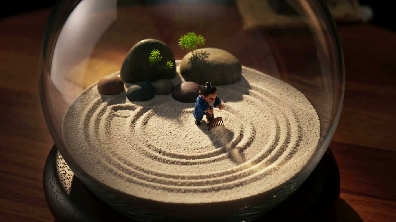 Jardin de sable zen dans une sphère de verre — AI video creation