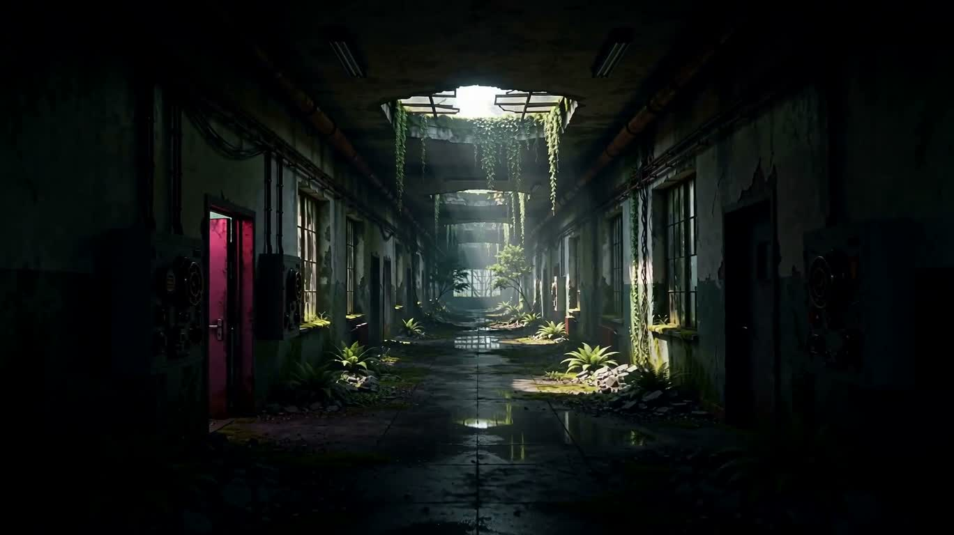 末世荒废工业建筑中的自然回归 — AI video creation