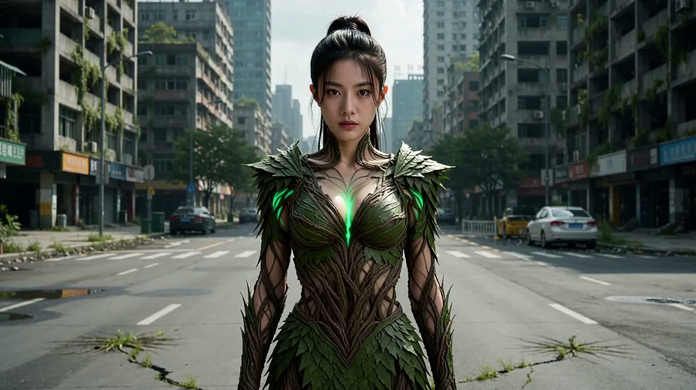 翠绿根脉吞噬废墟都市