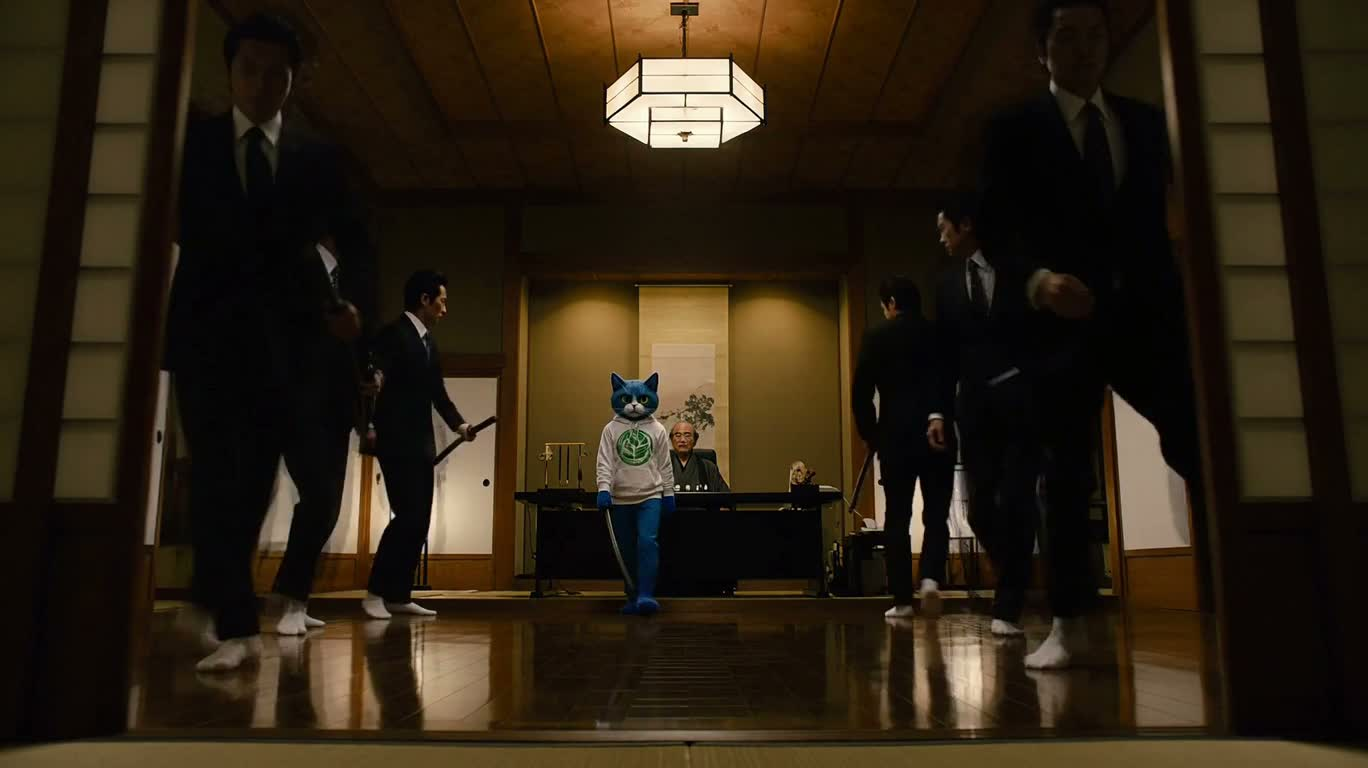 Blue Cat Intrudes into the Wooden Cabin Office