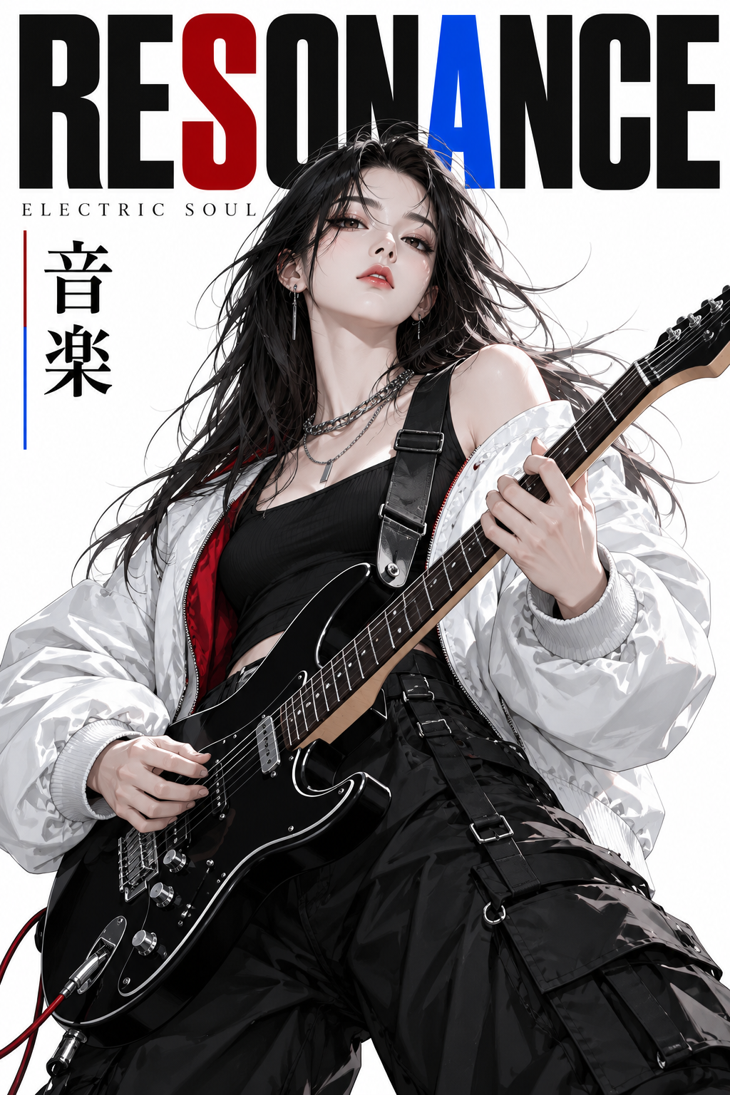 Áp phích tối giản anime chàng guitarista trưởng thành với khoảng trắng
