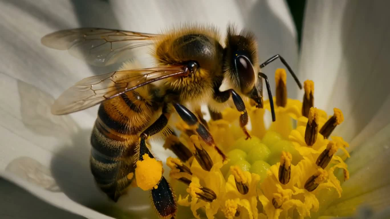 陽射しの中で蜜を集める蜂