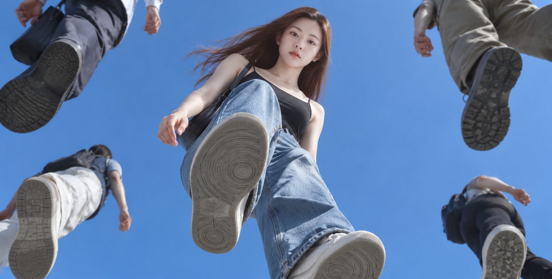 透明平面下方仰望行走人群