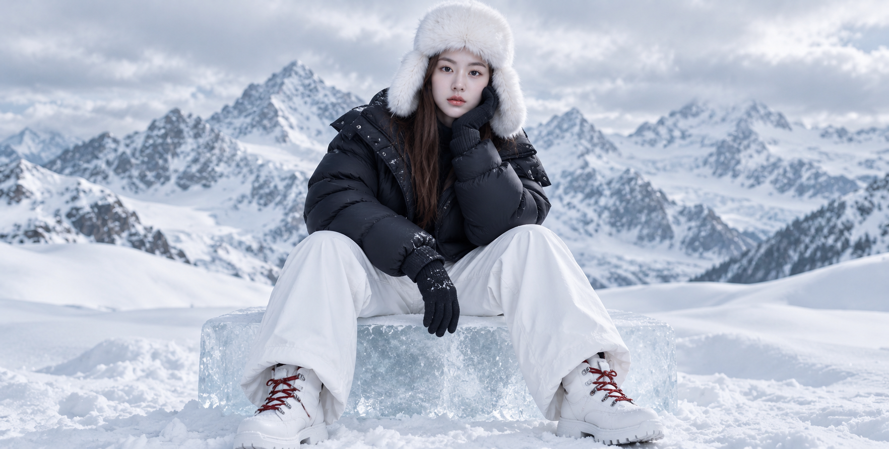 冰雪阿尔卑斯中的成年女性奢华冬季时尚肖像