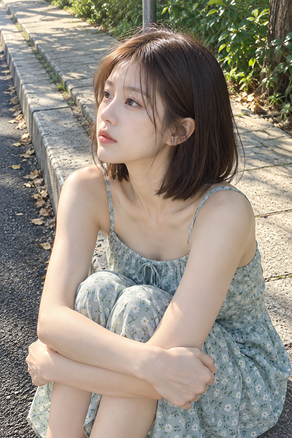 여름 길가에서 조용히 찍은 휴대폰 인물 사진 — AI image creation