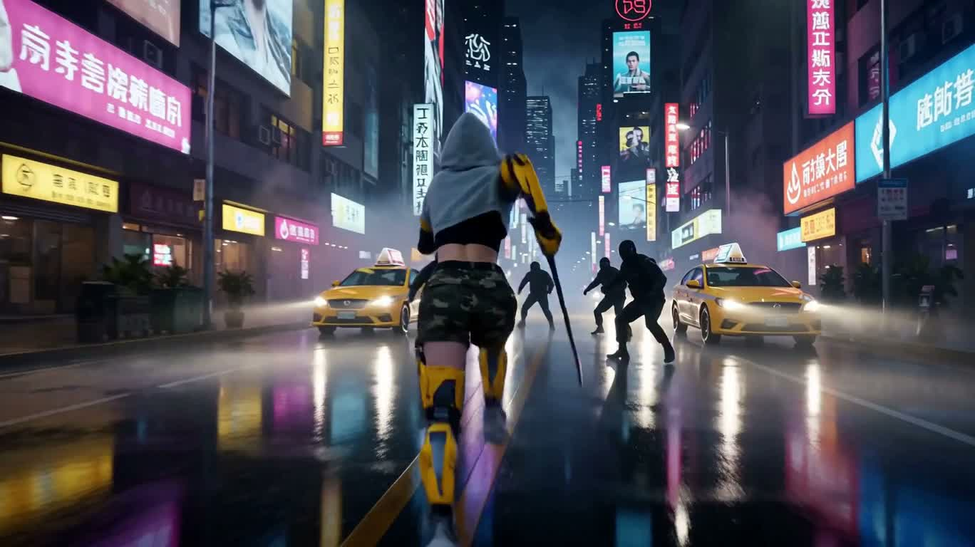 ネオン雨夜:機械の女戦士