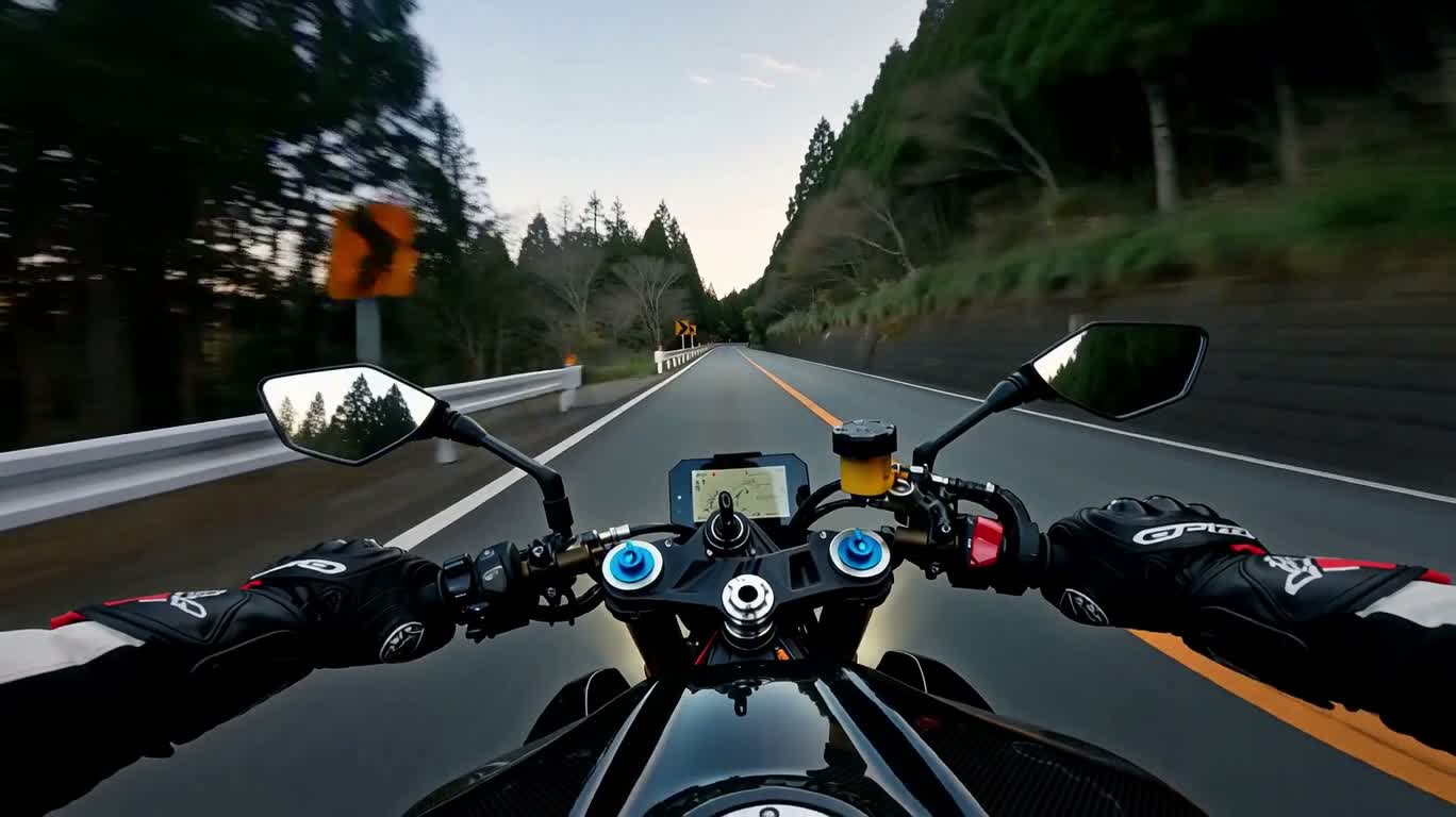 夜明けの杉林道のスーパーカーとバイク