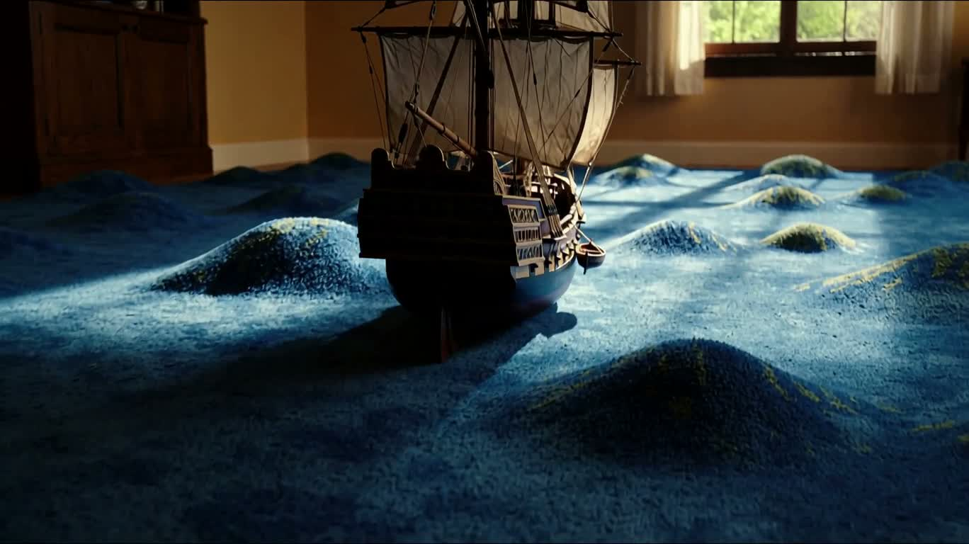 Wooden Boat Sailing on a Carpet