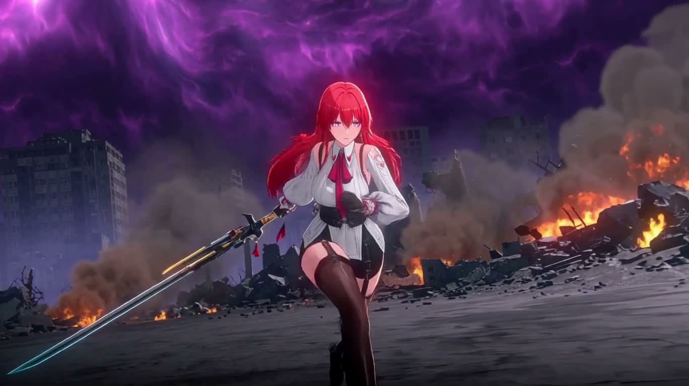 紫の瞳と赤い髪の女戦士：廃墟のエナジーソードダンス