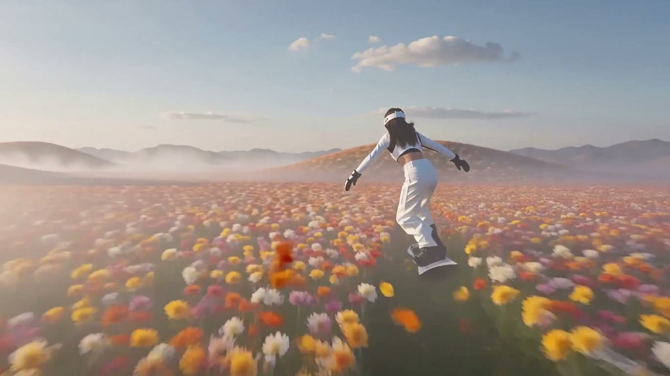 Voyage neigeux dans une mer de fleurs brumeuse