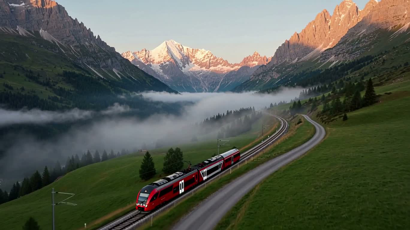 Train rouge dans l'aube alpine