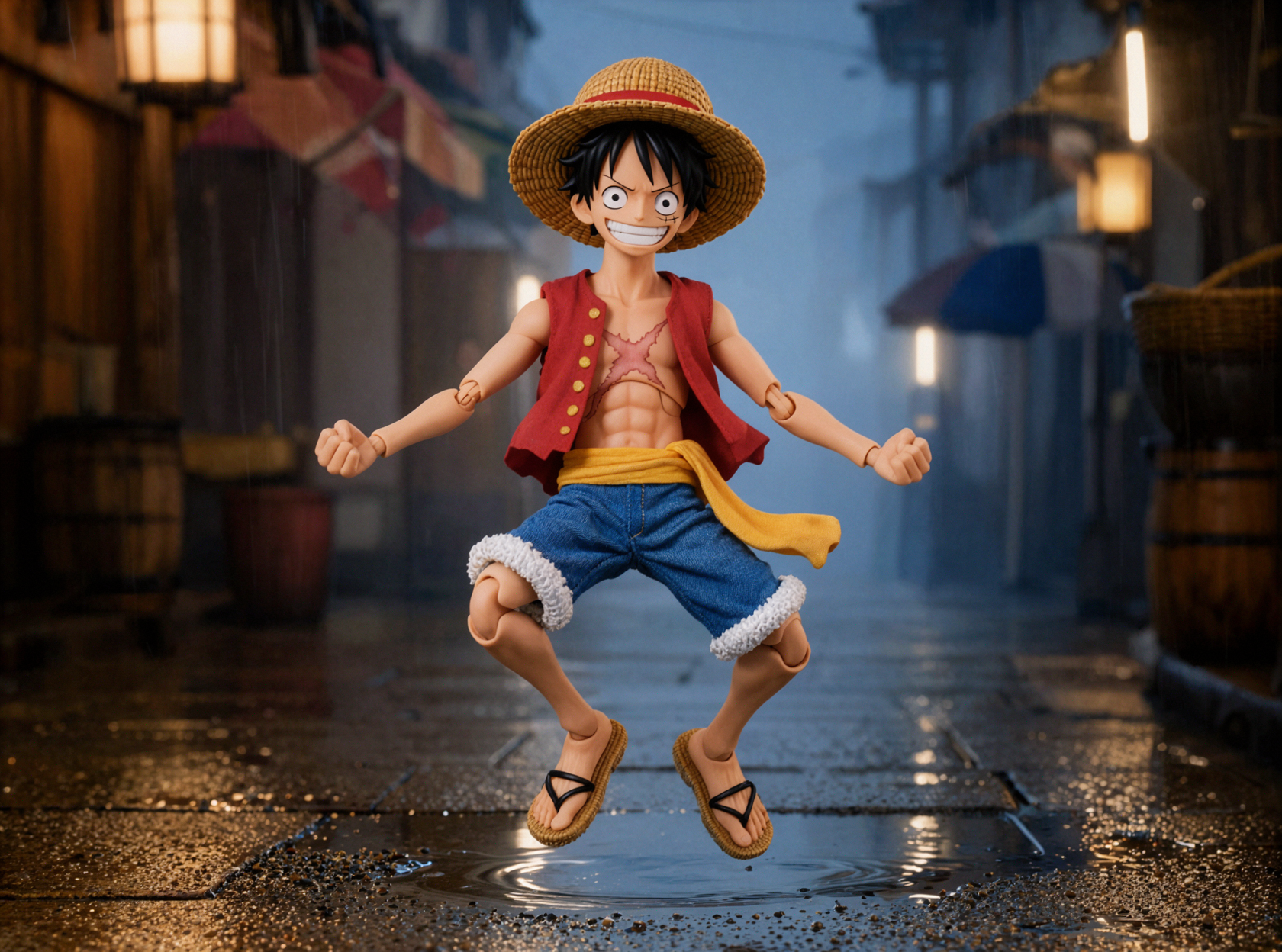 Monkey D. Luffy · Leaping Over a Puddle · Ring Backlight — AI image creation
