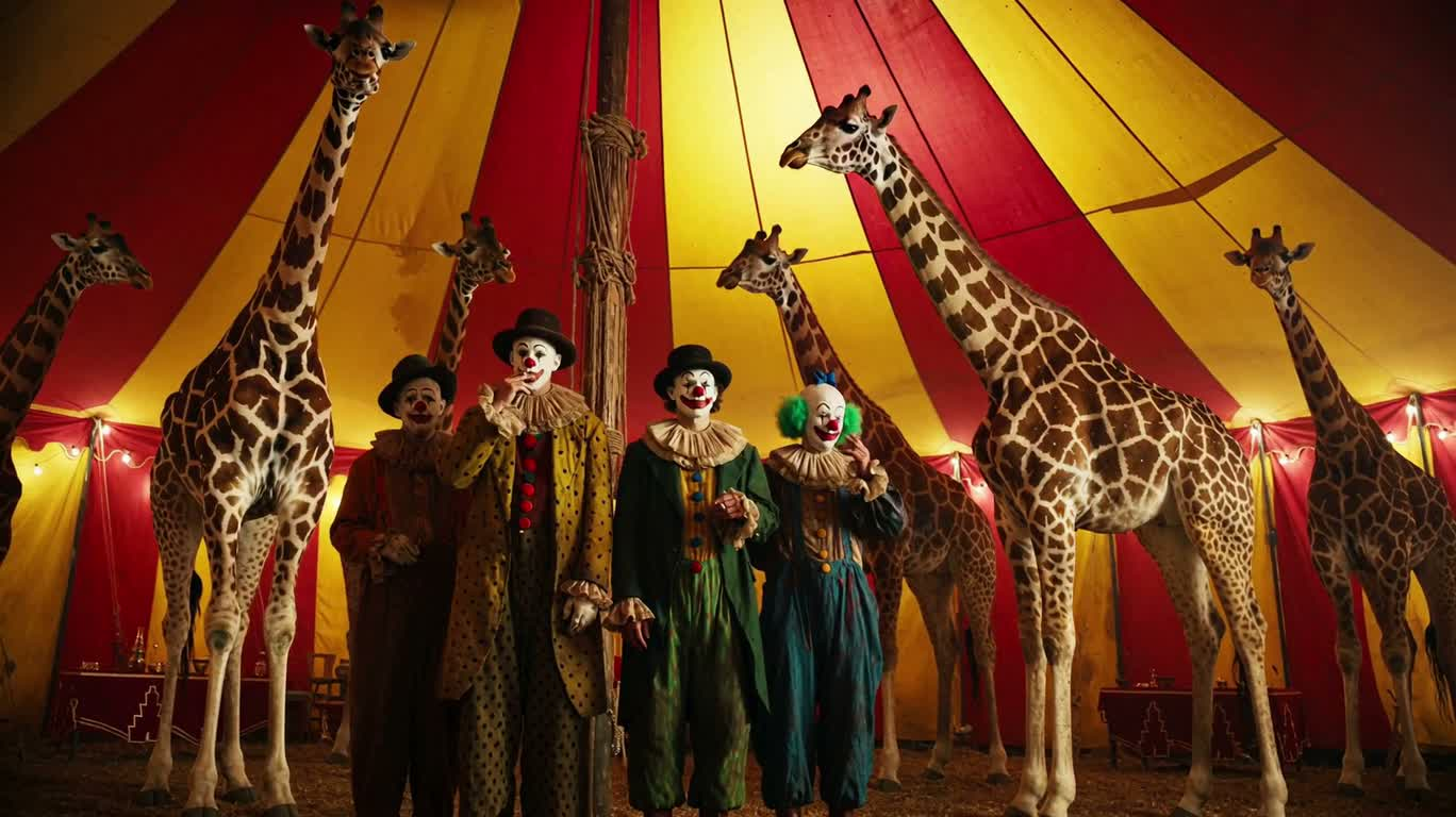 Rencontre fantastique entre une girafe géante et un clown de cirque — AI video creation