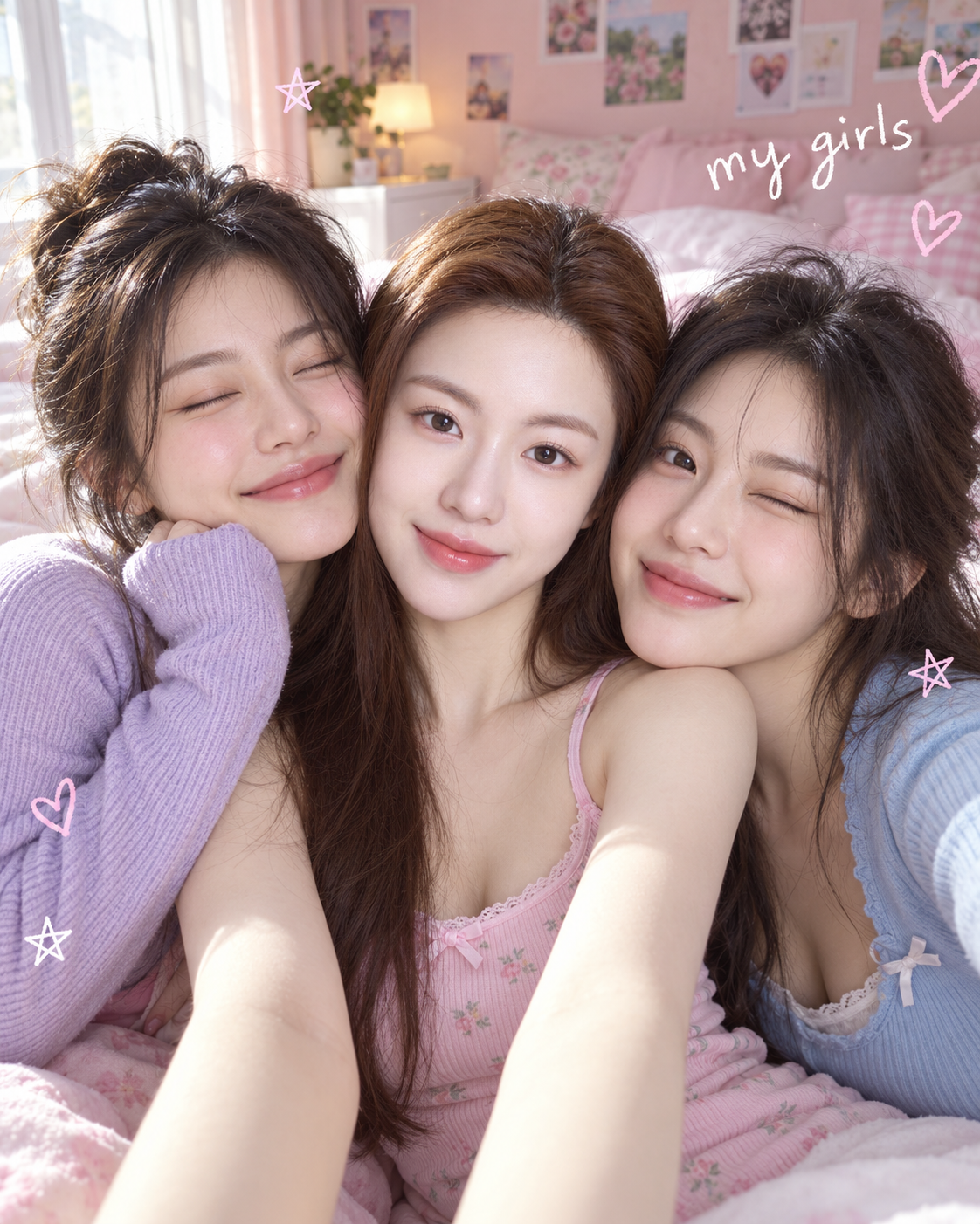Ba người bạn trưởng thành chụp ảnh tự sướng tinh nghịch trong phòng ngủ màu hồng