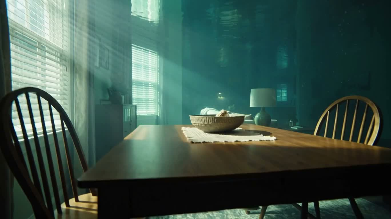 Banc de poissons dans le salon après l'inondation