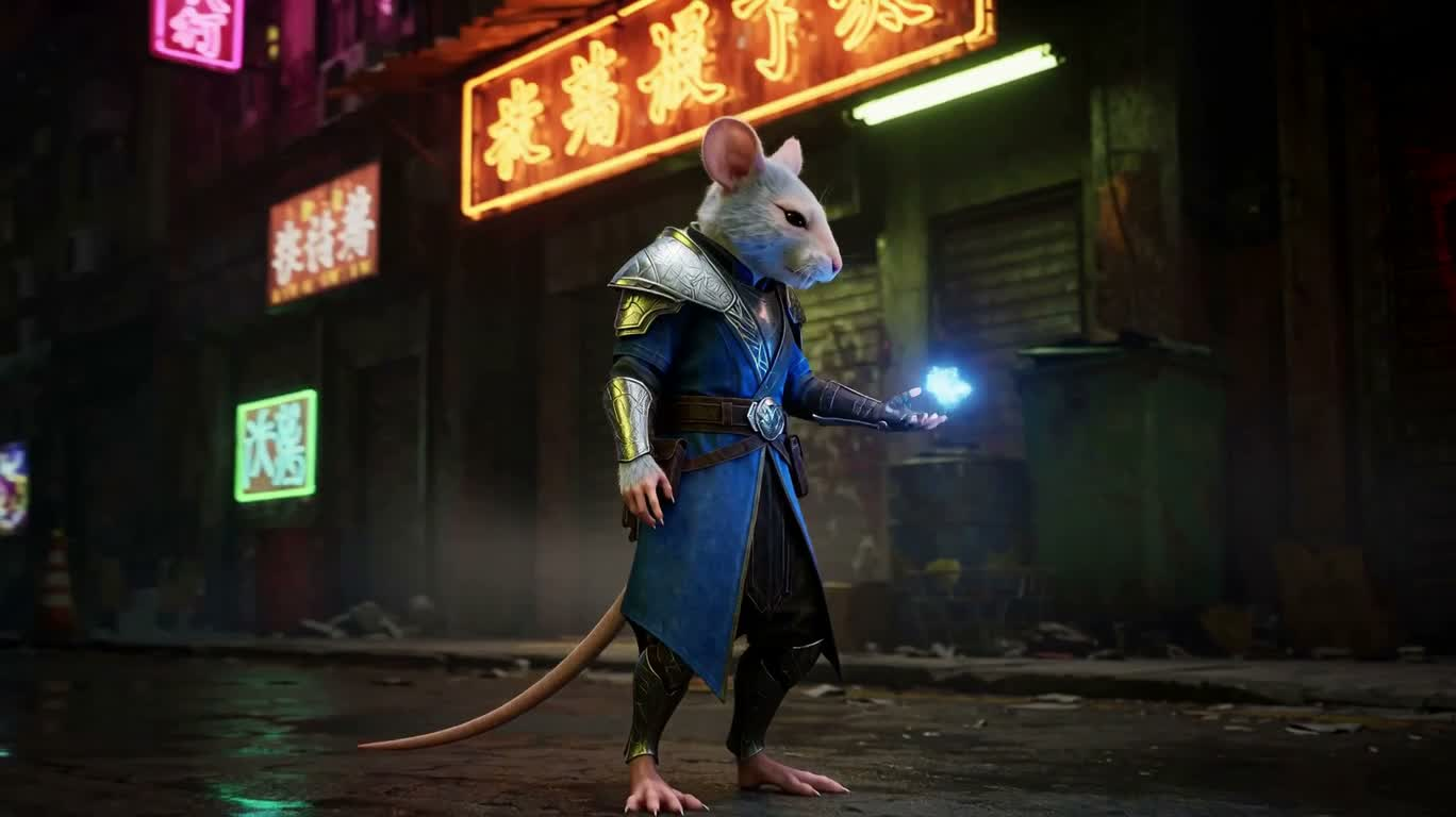 Mage rat aux cheveux blancs dans un bidonville cyberpunk néon