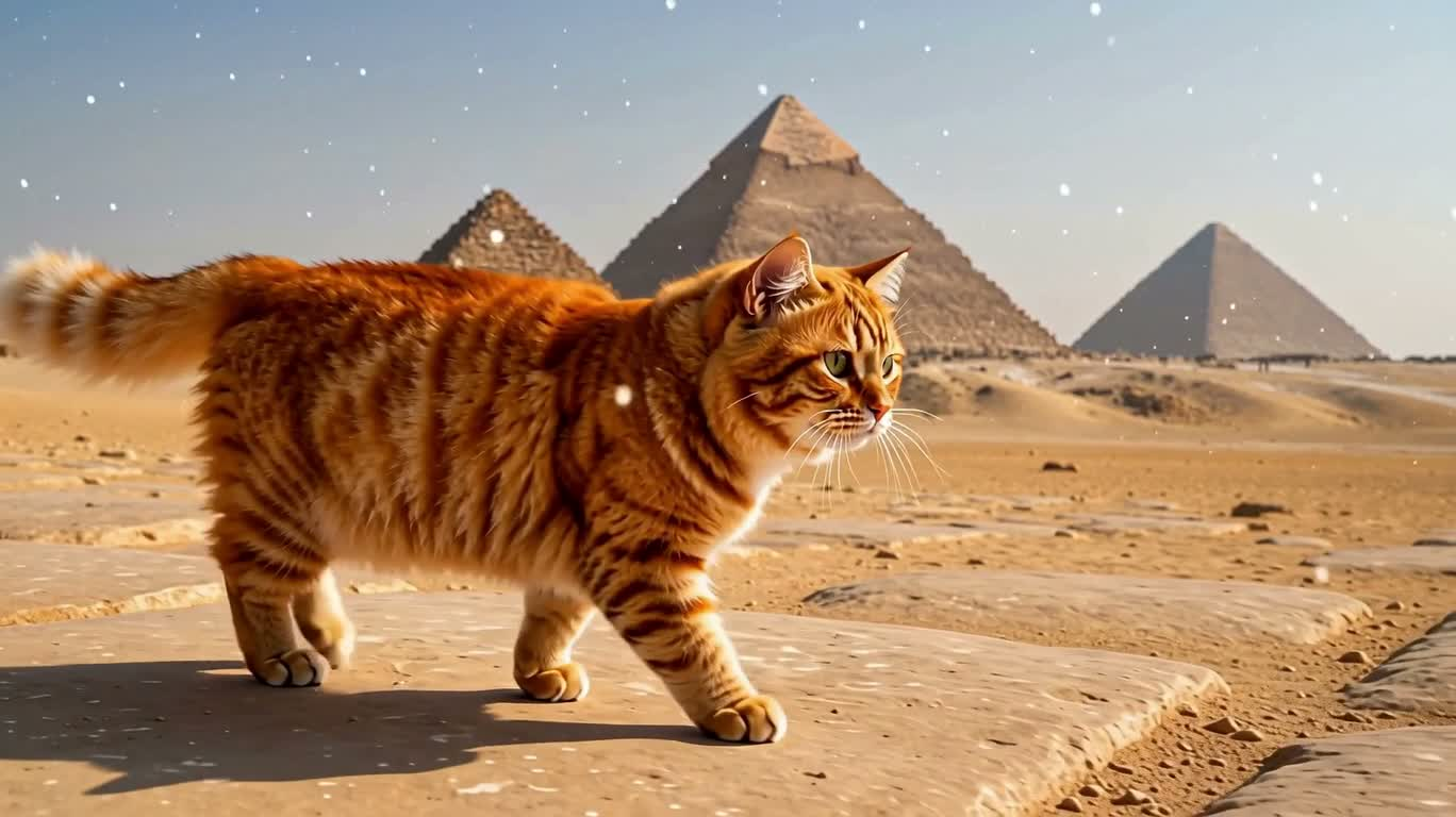 Chat roux dans la neige sur les pyramides de Gizeh — AI video creation