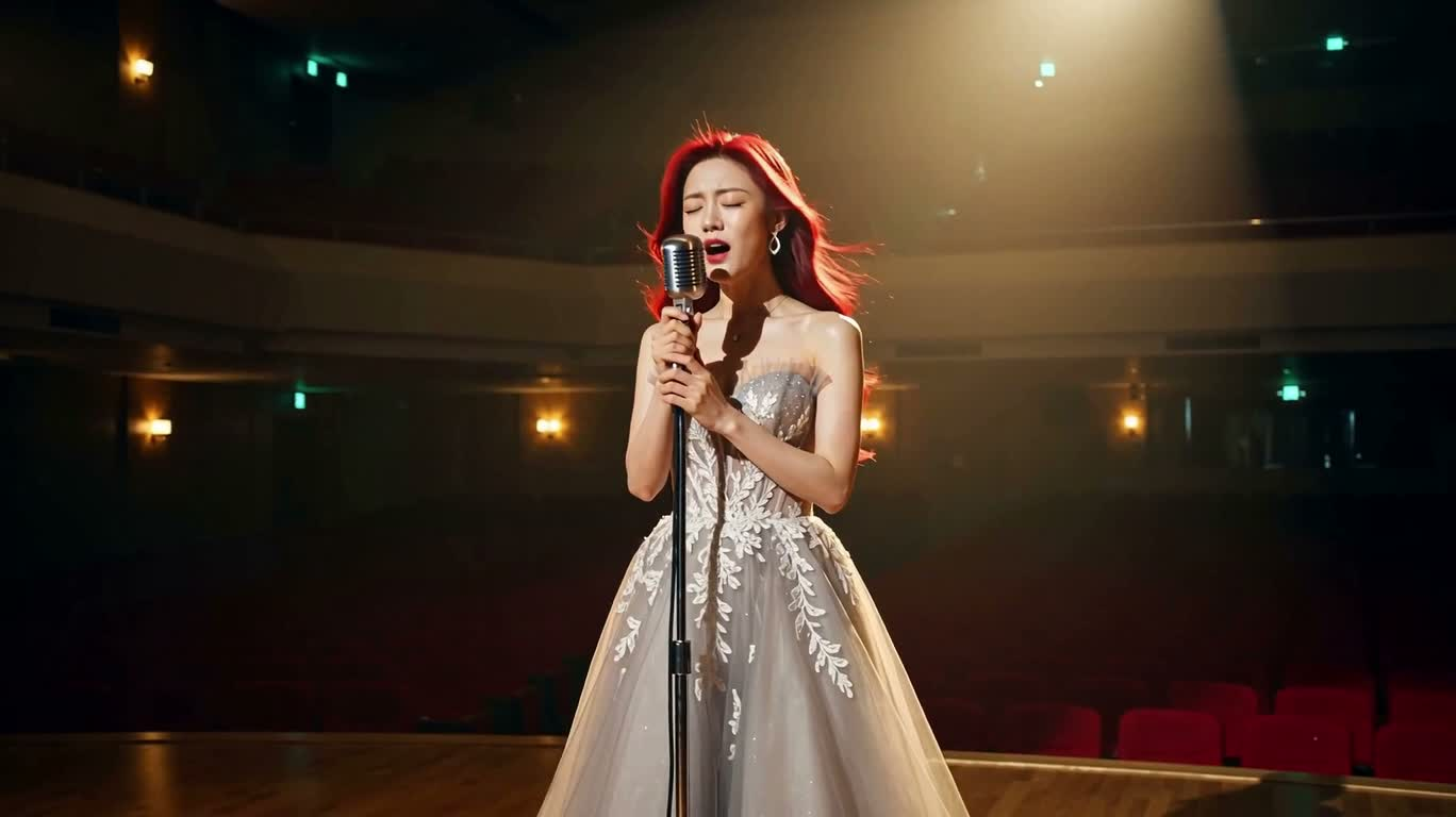 황금빛 스포트라이트 아래 붉은 머리 가수