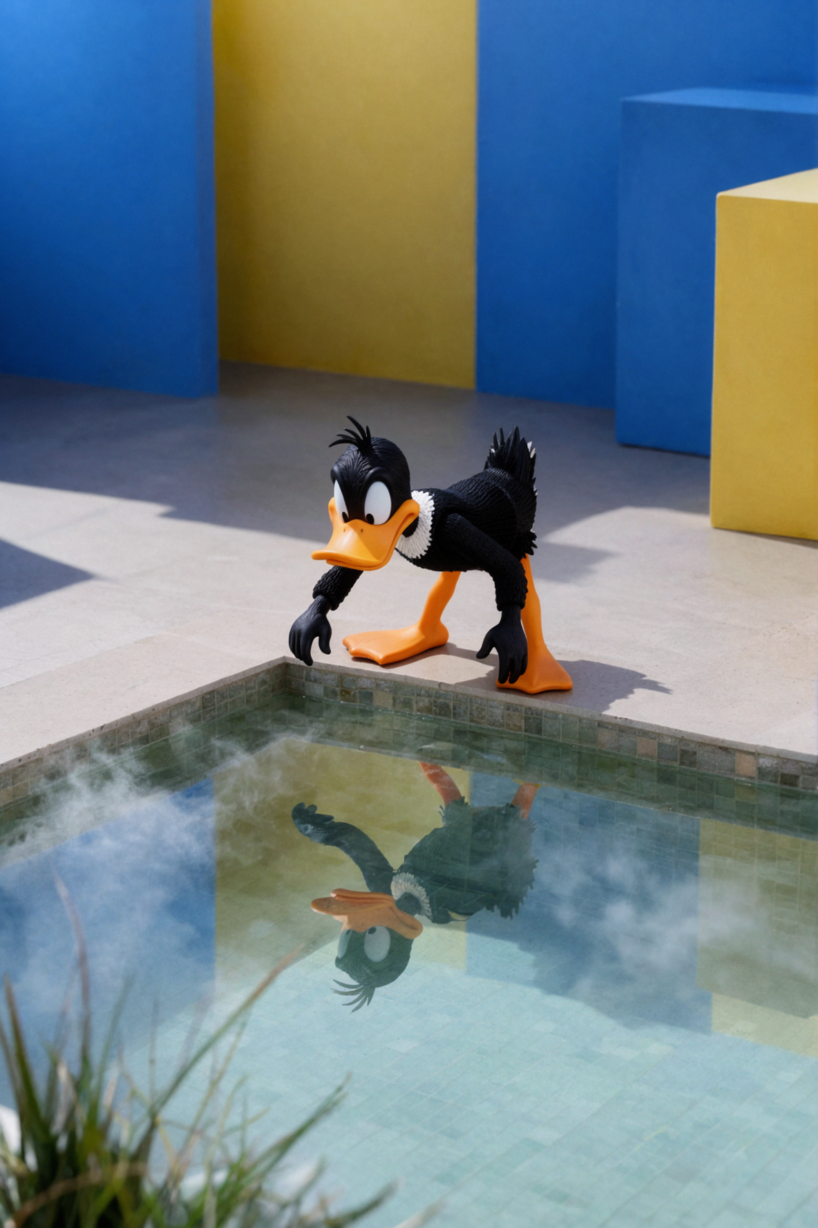 Daffy Duck · Regard dans le miroir d'eau · Ombres dures du soleil