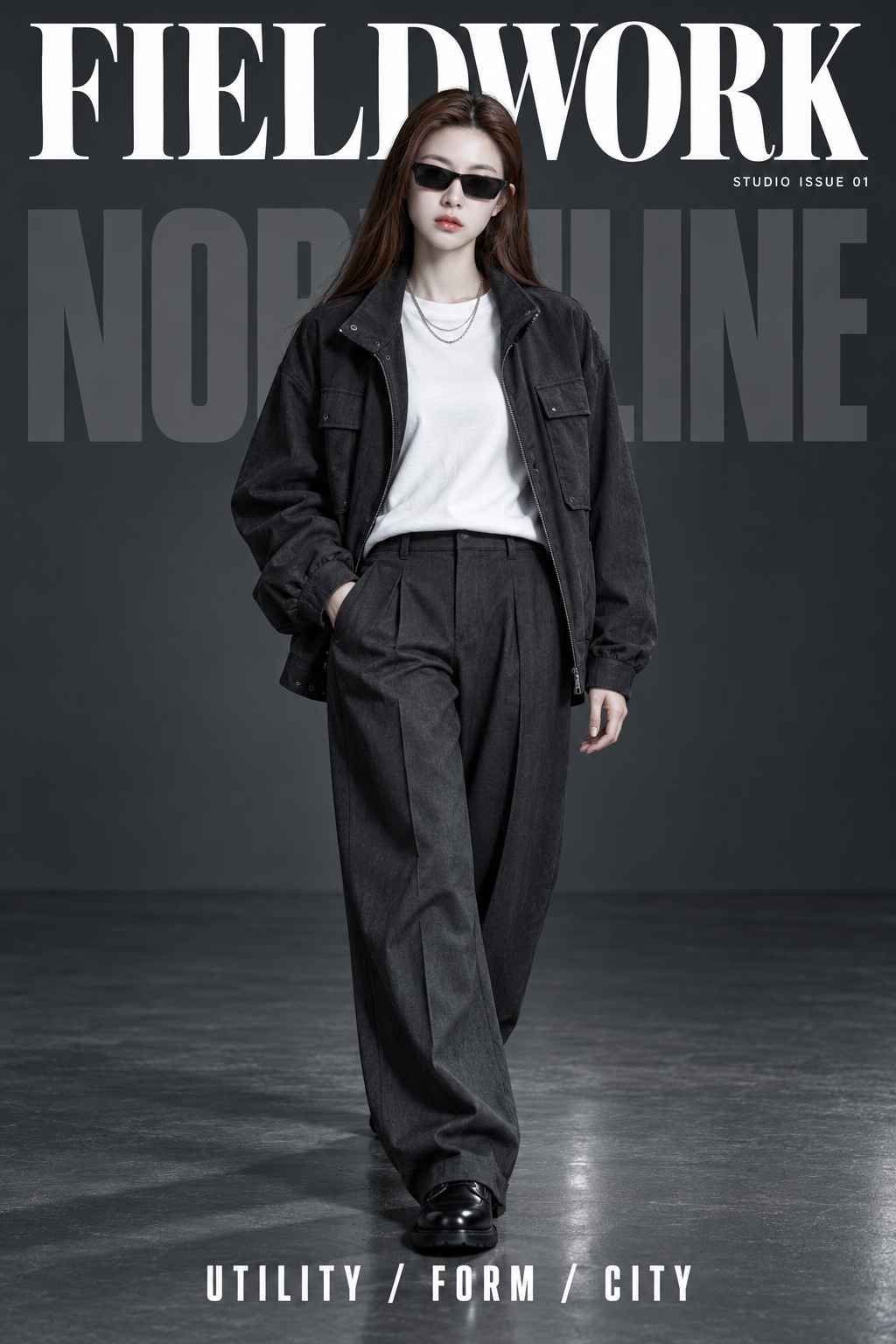 Bìa thời trang phong cách workwear cao cấp trong studio xám đậm