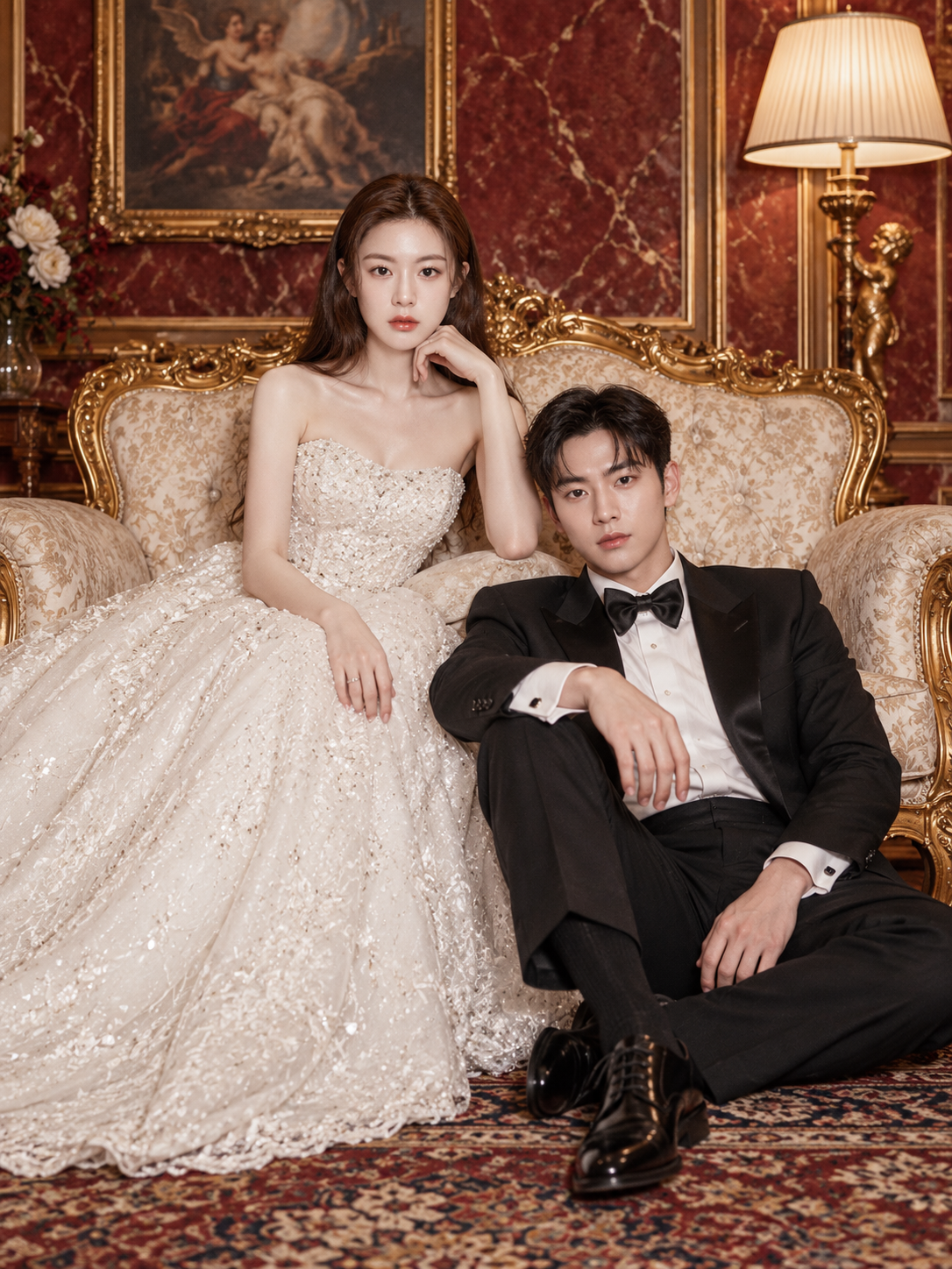 Baroque Luxury Hotel Wedding Magazine-Style Adult Couple Portrait — AI image creation