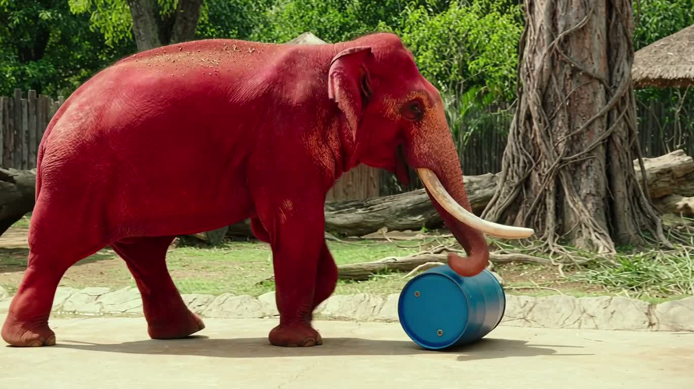Éléphant rouge jouant avec un seau bleu au zoo — AI video creation