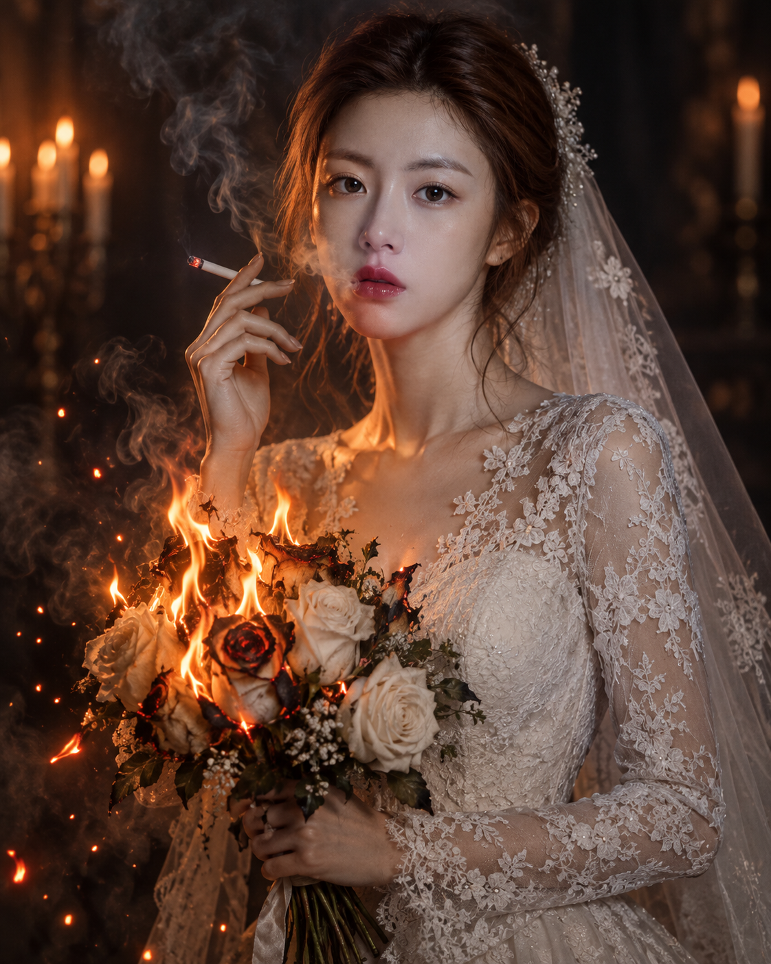 불타는 흰 장미를 든 고딕 신부 초상화