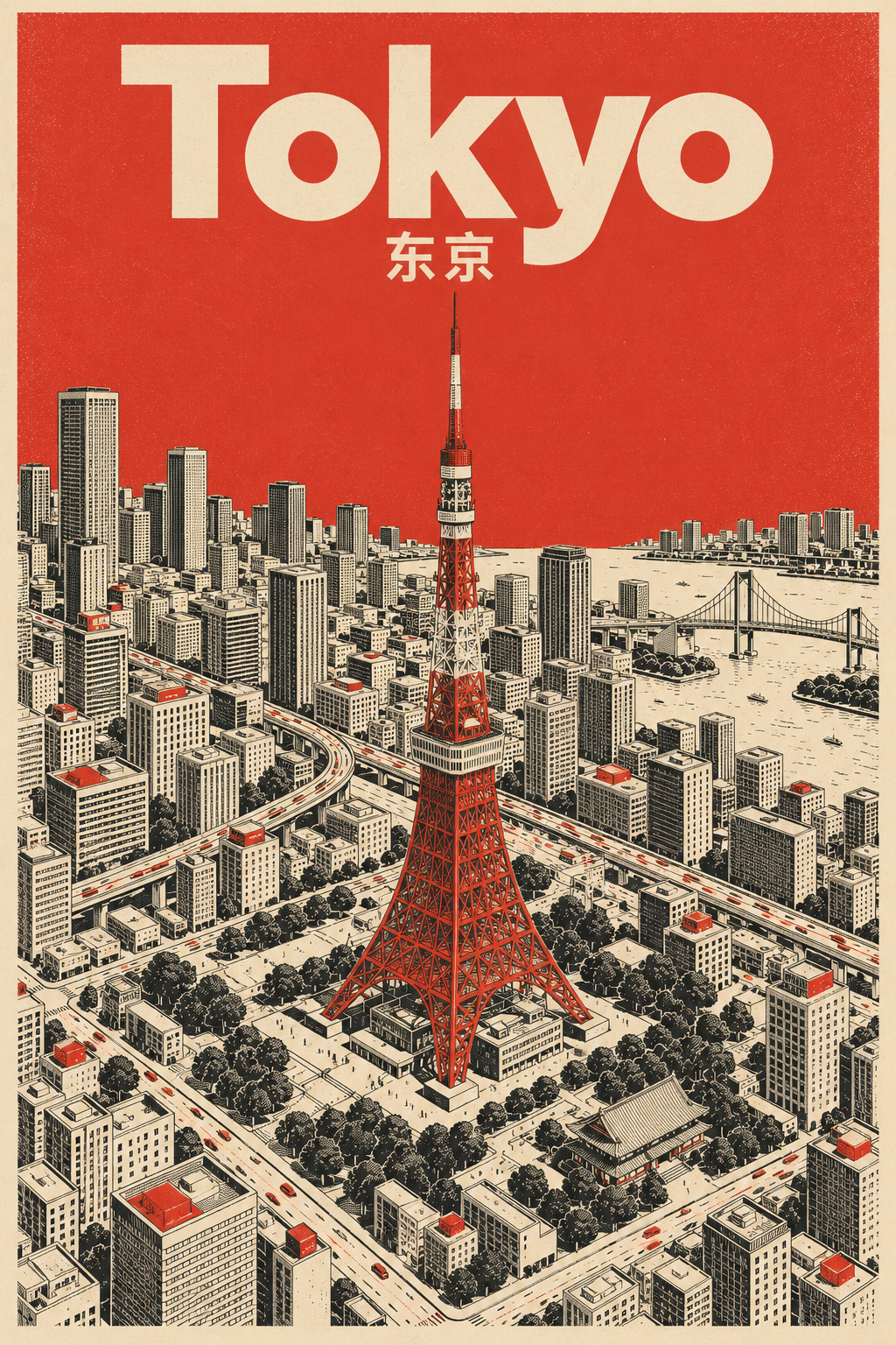 东京塔中世纪现代主义鸟瞰旅行海报
