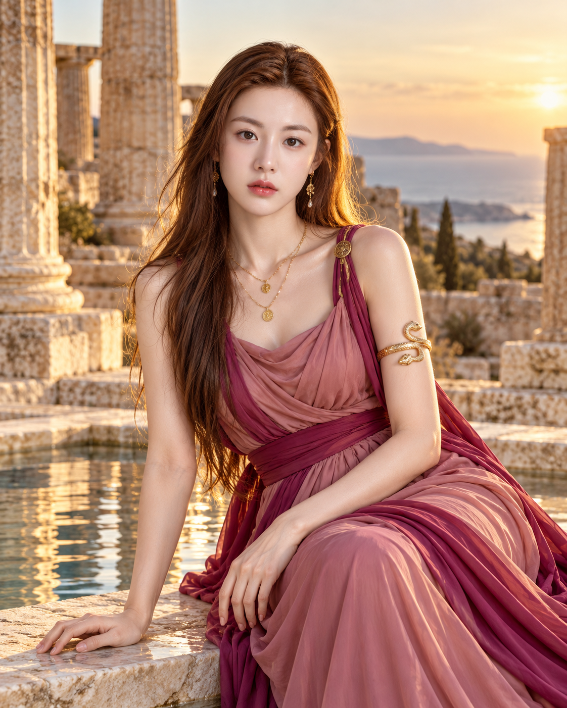 Chân dung người mẫu trưởng thành nguyên bản bên hồ tại di tích Hy Lạp cổ trong giờ vàng