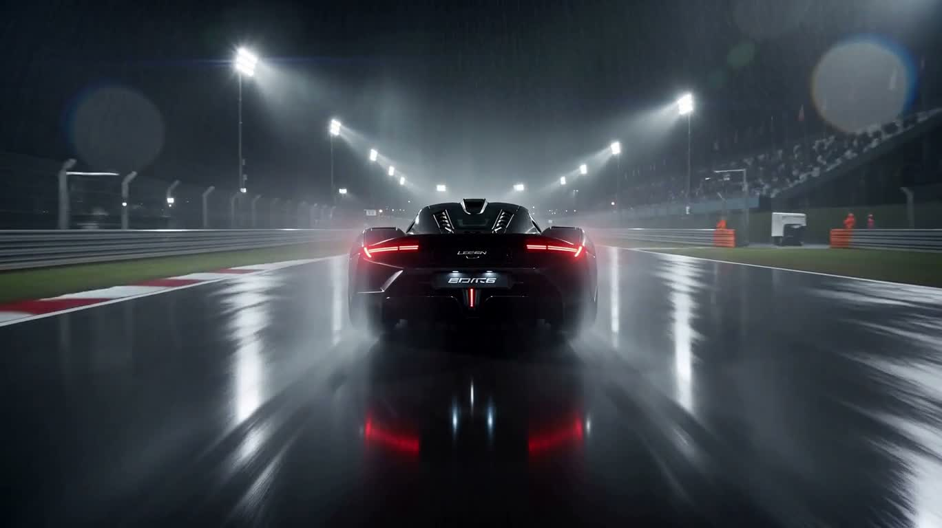 Supercar noire sur une piste détrempée