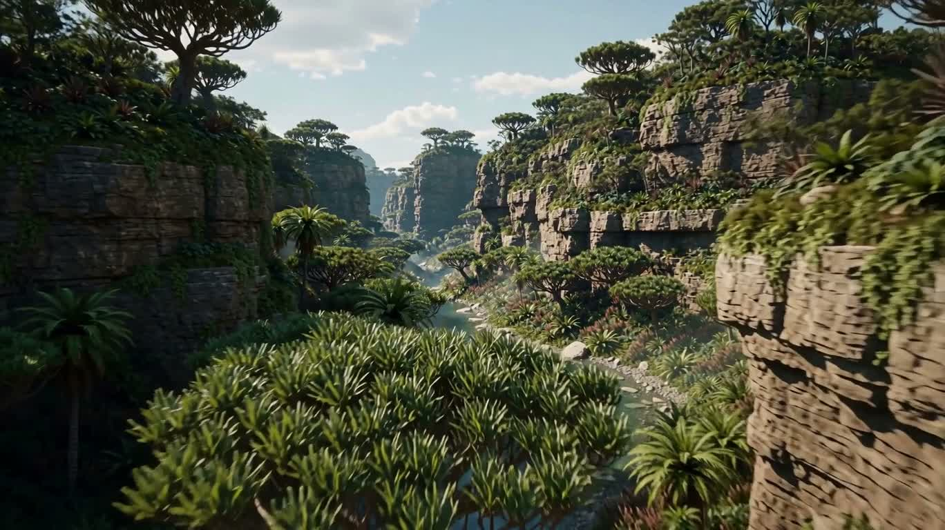 Strange Life Landscape in an Alien Waterfall Valley