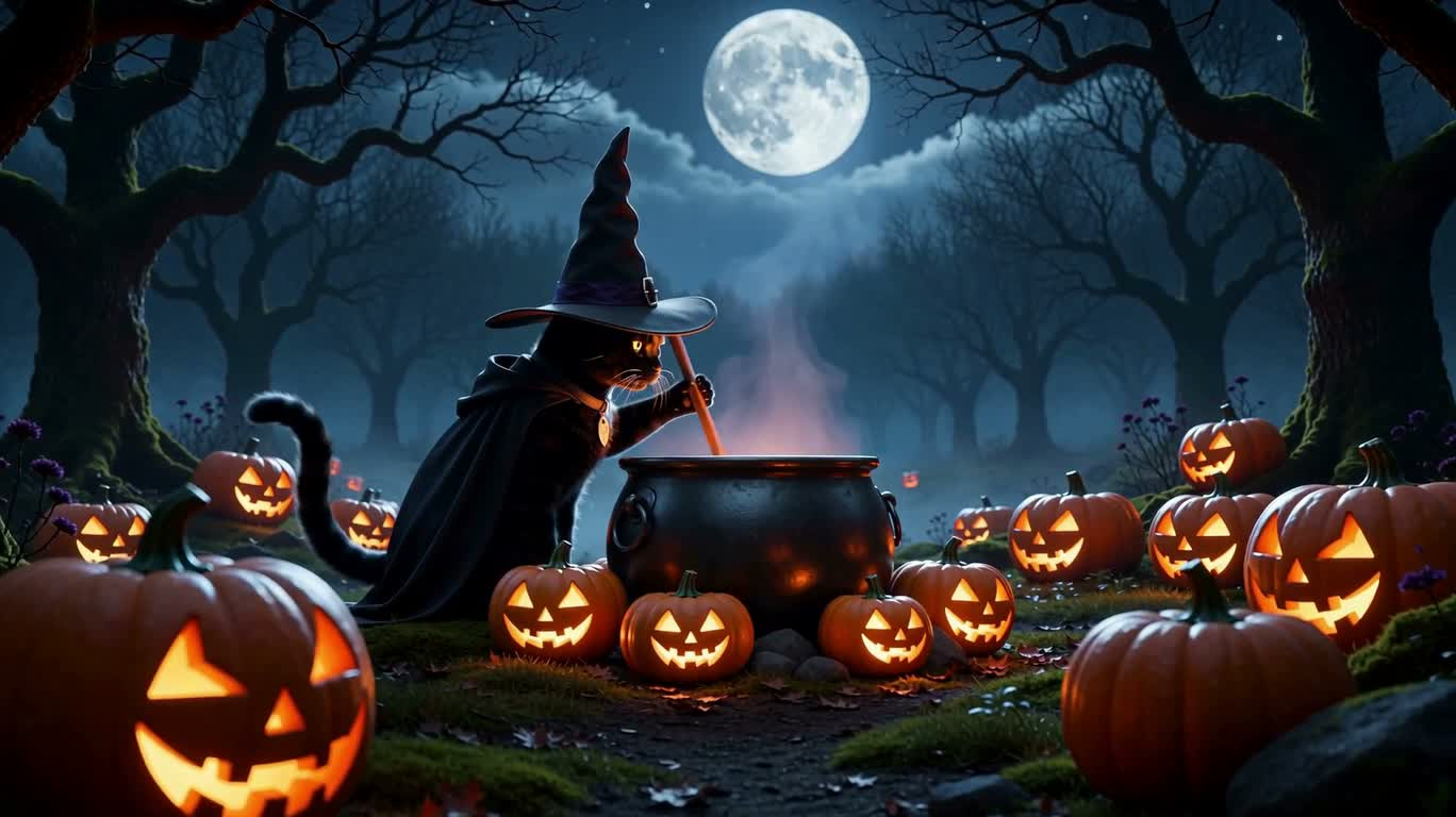 Witch Cat's Cauldron in the Pumpkin Lantern Forest