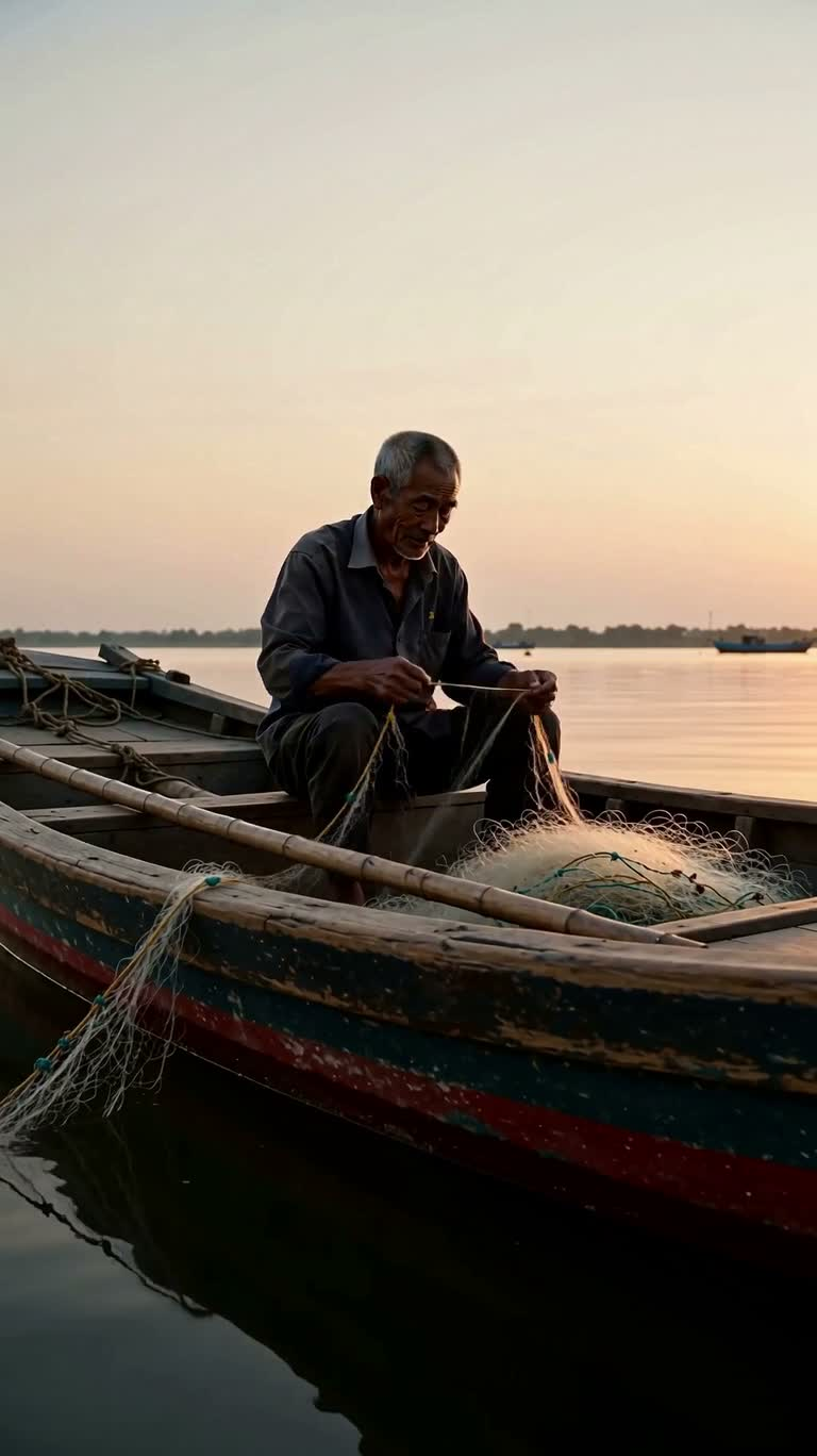 Mending Nets on a Fishing Boat at Dawn