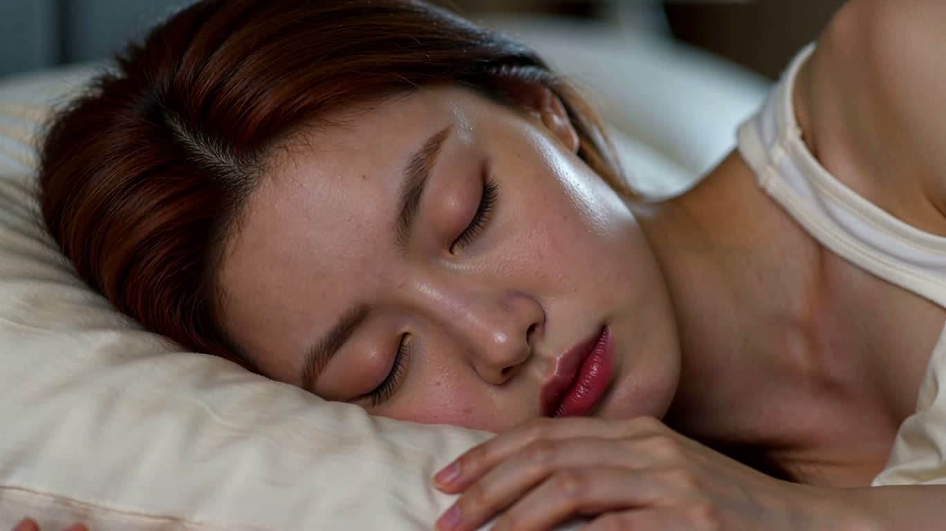 빨간 머리 여성이 깨어나 카메라를 응시한다