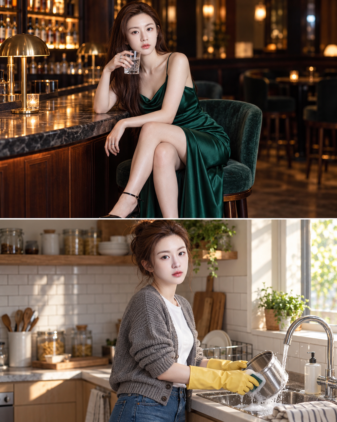 Chân dung hai bối cảnh: trang phục dạ hội ở quán bar ngọc lục bảo và căn bếp sáng trong ngày thường