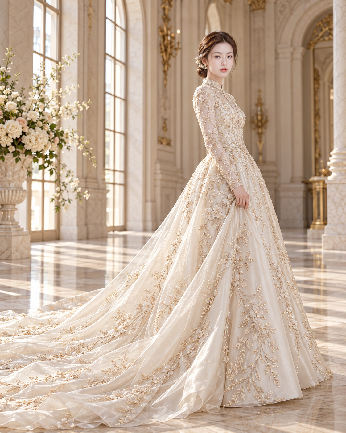 Affiche éditoriale de luxe : robe de mariée brodée champagne — AI image creation