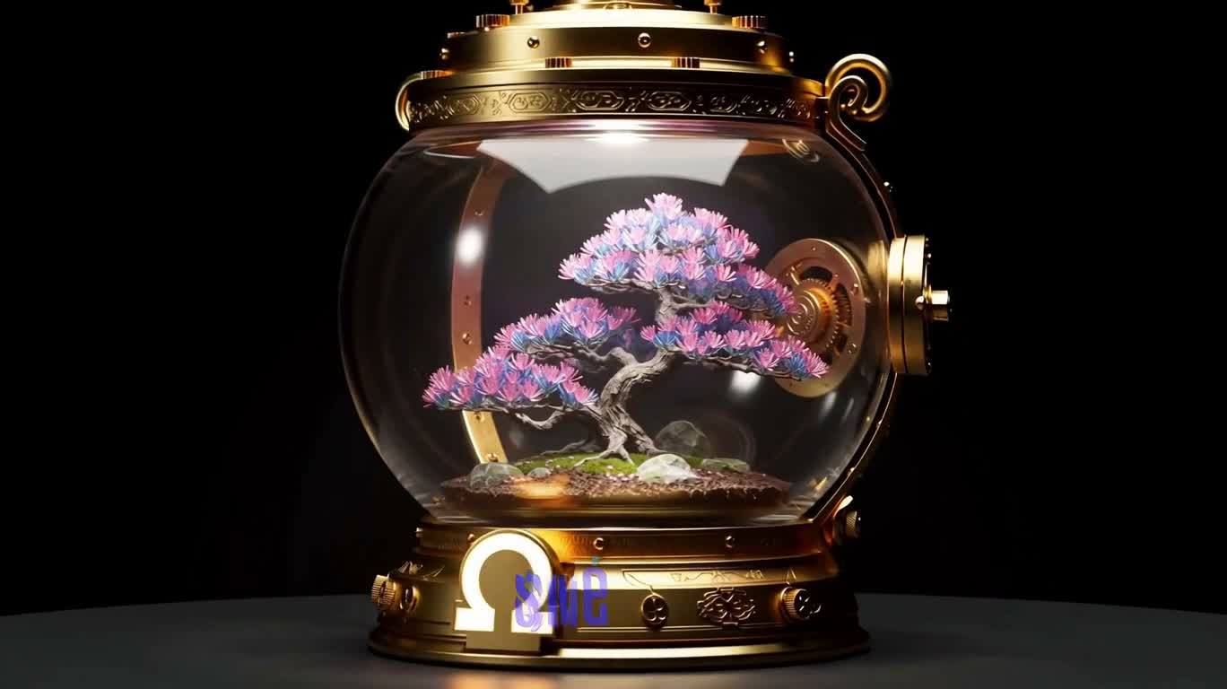 Bonsaï rose et bleu dans un bocal steampunk