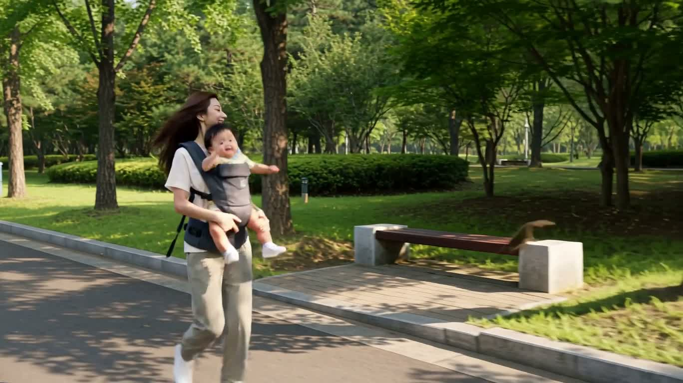 午後の公園で母子の散歩